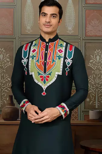 Green pure cotton real mirror with multi thread work kurta only
