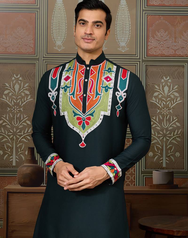 Green pure cotton real mirror with multi thread work kurta only