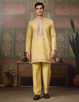 Yellow viscose silk multi thread with sequence embroidered work kurta jacket & bottom 3