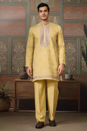 Yellow viscose silk multi thread with sequence embroidered work kurta jacket & bottom