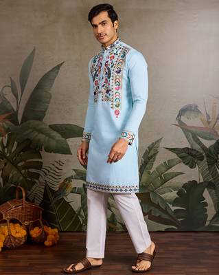 Sky blue viscose silk thread with sequence embroidered work kurta only 4