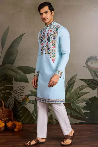 Sky blue viscose silk thread with sequence embroidered work kurta only