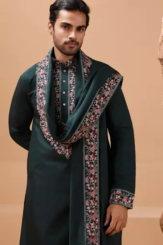 Green viscose silk thread with sequence embroidered work kurta with dupatta