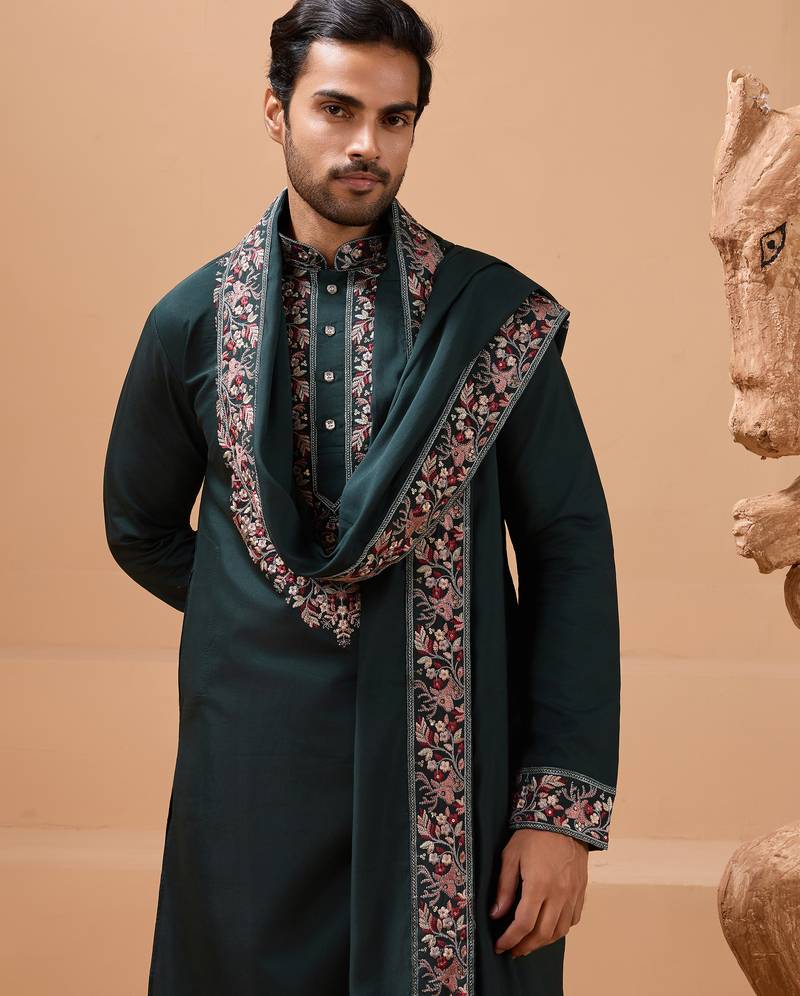 Green viscose silk thread with sequence embroidered work kurta with dupatta