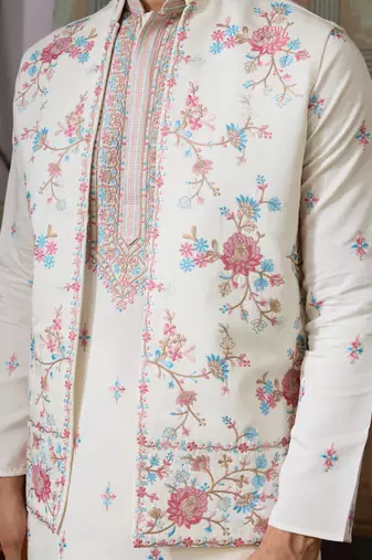 White viscose silk multi thread with sequence embroidered work kurta jacket & bottom