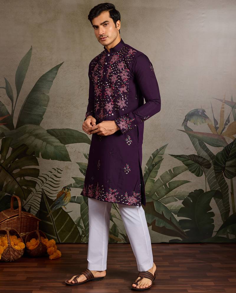 Purple viscose silk real mirror with thread & sequence embroidered work kurta only