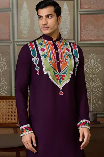 Purple pure cotton real mirror with multi thread work kurta only