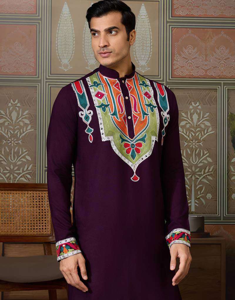 Purple pure cotton real mirror with multi thread work kurta only