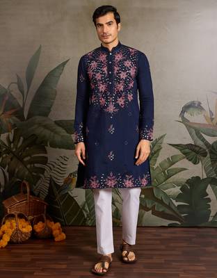 Navy blue viscose silk real mirror with thread & sequence embroidered work kurta only 1