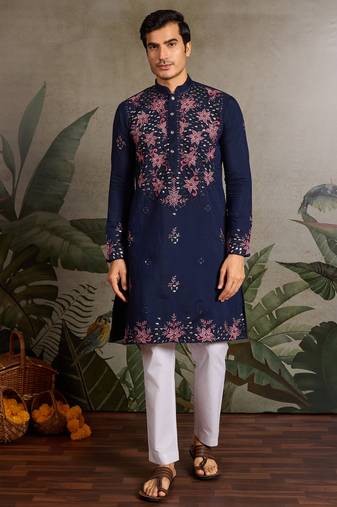 Navy blue viscose silk real mirror with thread & sequence embroidered work kurta only