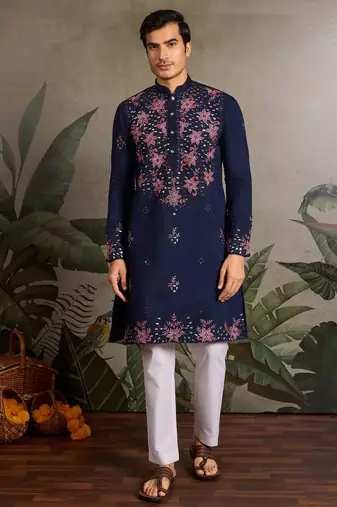 Navy blue viscose silk real mirror with thread & sequence embroidered work kurta only