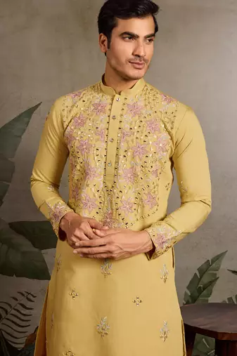 Yellow viscose silk real mirror with thread & sequence embroidered work kurta only