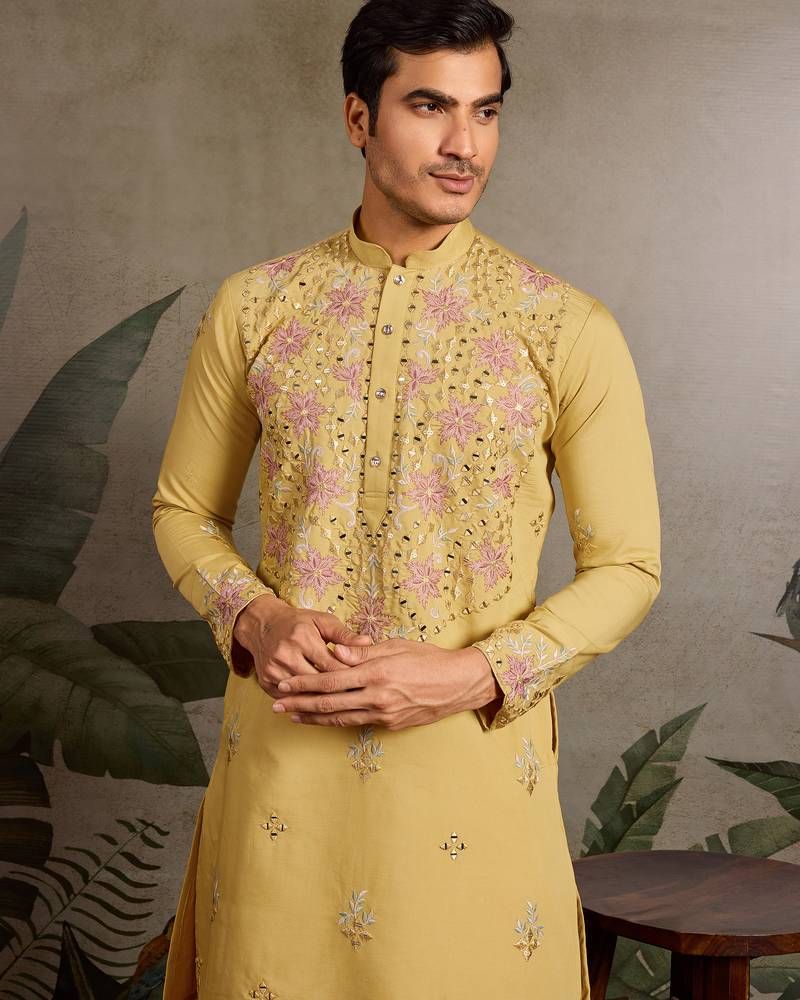 Yellow viscose silk real mirror with thread & sequence embroidered work kurta only