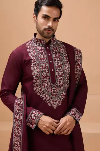 Maroon viscose silk thread with sequence embroidered work kurta with dupatta