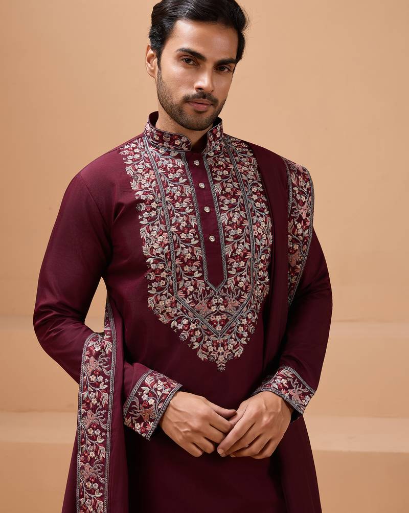 Maroon viscose silk thread with sequence embroidered work kurta with dupatta