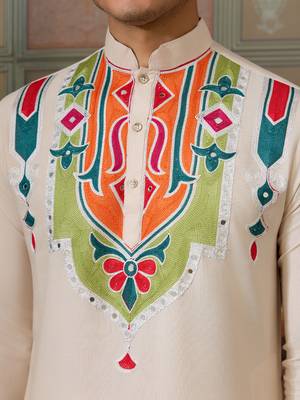Cream pure cotton real mirror with multi thread work kurta only 5
