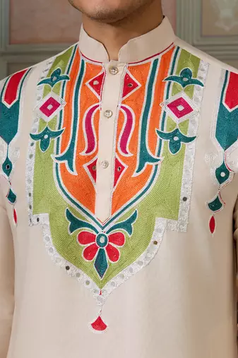 Cream pure cotton real mirror with multi thread work kurta only