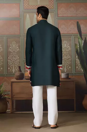 Green pure cotton real mirror with multi thread work kurta only