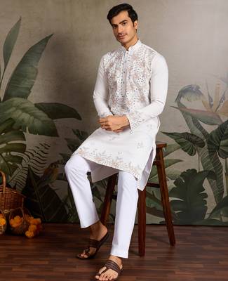 White viscose silk real mirror with thread & sequence embroidered work kurta only 2