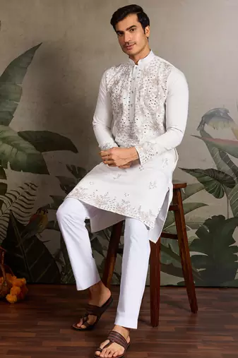 White viscose silk real mirror with thread & sequence embroidered work kurta only