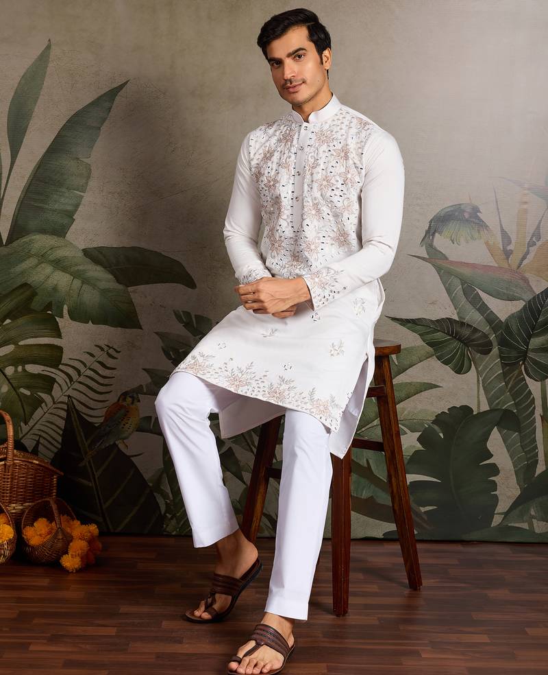 White viscose silk real mirror with thread & sequence embroidered work kurta only