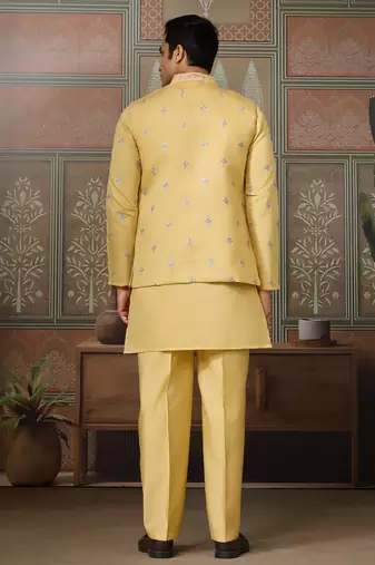 Yellow viscose silk multi thread with sequence embroidered work kurta jacket & bottom