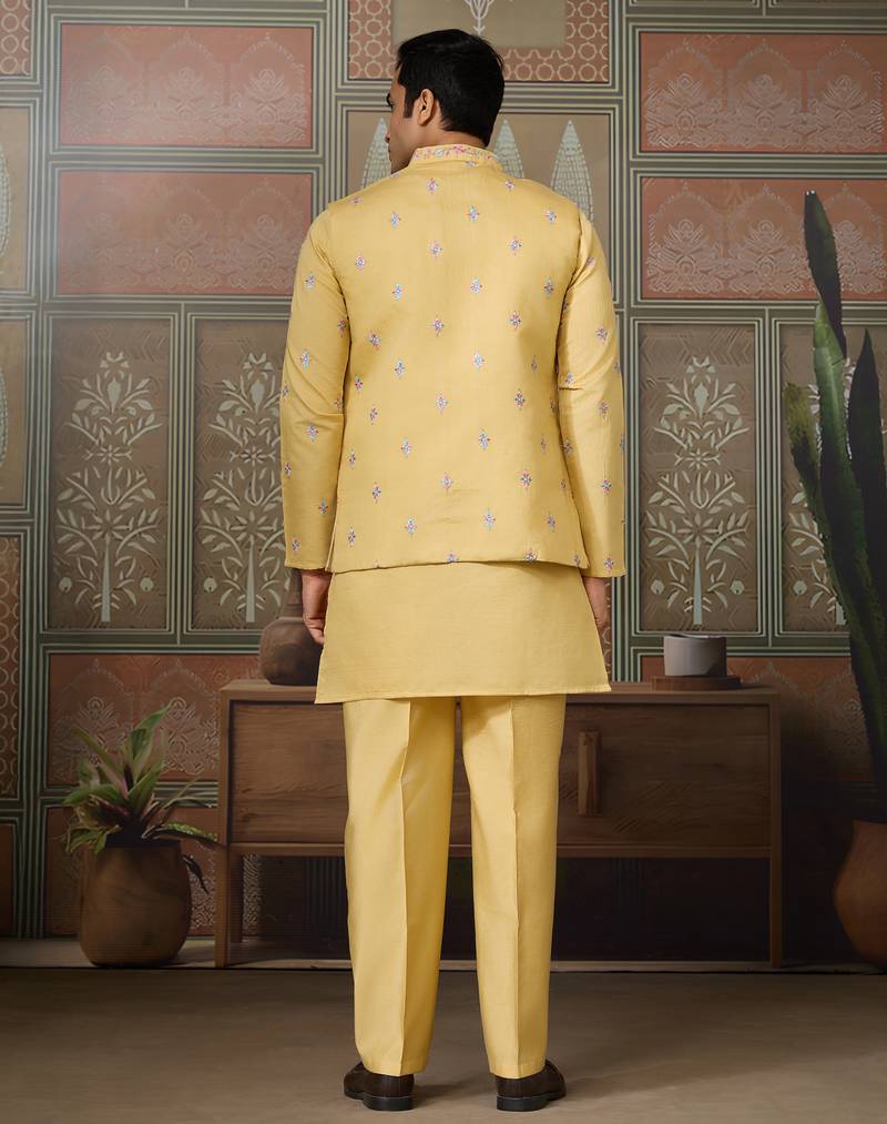 Yellow viscose silk multi thread with sequence embroidered work kurta jacket & bottom