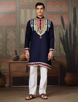 Navy blue pure cotton real mirror with multi thread work kurta only 1