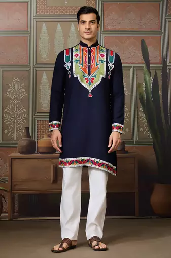 Navy blue pure cotton real mirror with multi thread work kurta only