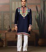 Navy blue pure cotton real mirror with multi thread work kurta only