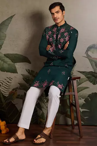 Green viscose silk real mirror with thread & sequence embroidered work kurta only