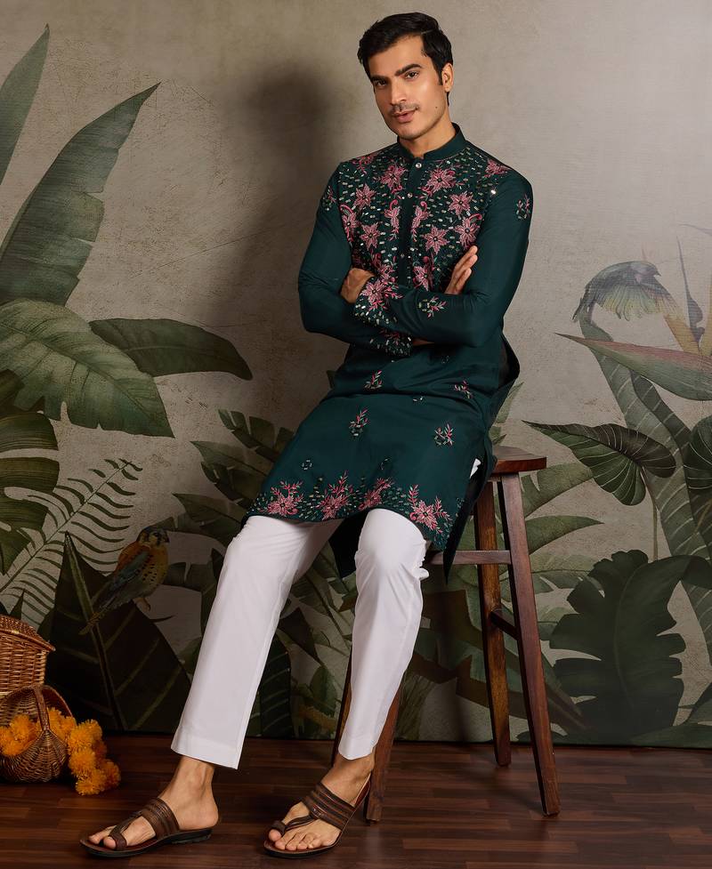 Green viscose silk real mirror with thread & sequence embroidered work kurta only