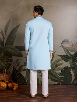 Sky blue viscose silk thread with sequence embroidered work kurta only 5