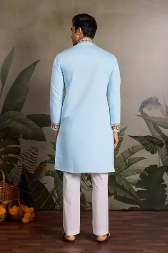 Sky blue viscose silk thread with sequence embroidered work kurta only
