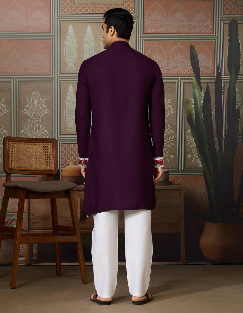 Purple pure cotton real mirror with multi thread work kurta only