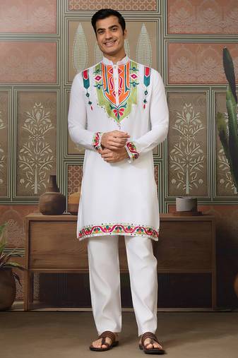 White pure cotton real mirror with multi thread work kurta only