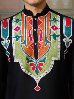 Black pure cotton real mirror with multi thread work kurta only 5