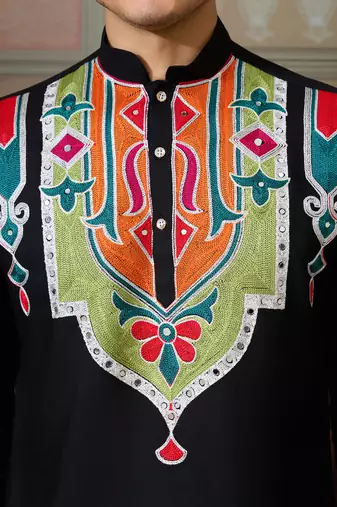 Black pure cotton real mirror with multi thread work kurta only