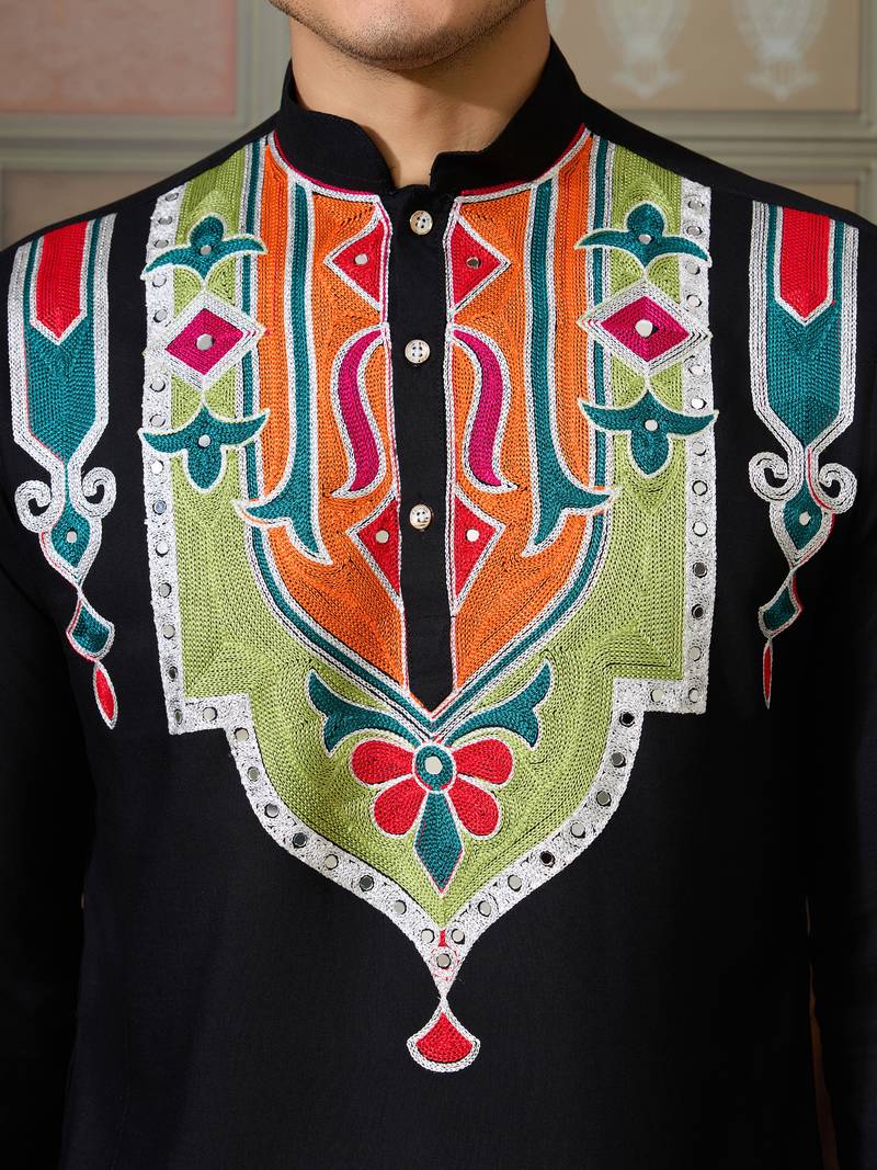 Black pure cotton real mirror with multi thread work kurta only