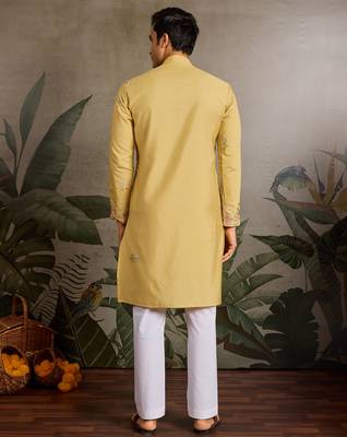 Yellow viscose silk real mirror with thread & sequence embroidered work kurta only 4