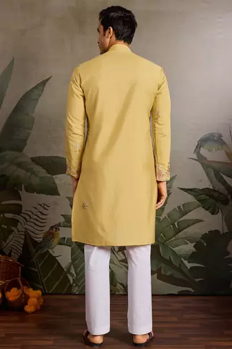 Yellow viscose silk real mirror with thread & sequence embroidered work kurta only