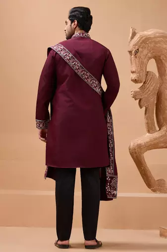 Maroon viscose silk thread with sequence embroidered work kurta with dupatta