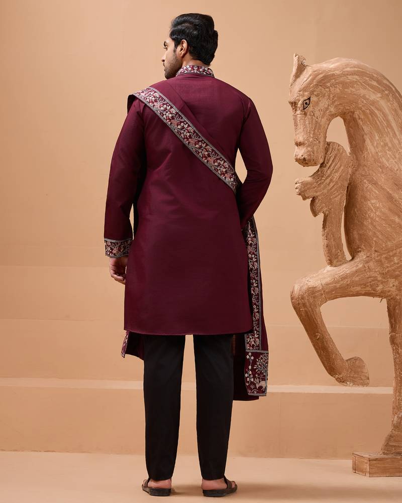 Maroon viscose silk thread with sequence embroidered work kurta with dupatta