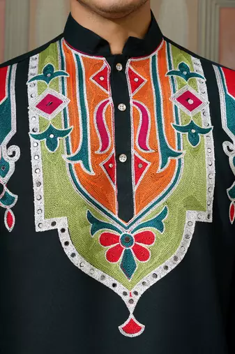 Green pure cotton real mirror with multi thread work kurta only