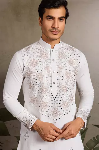 White viscose silk real mirror with thread & sequence embroidered work kurta only