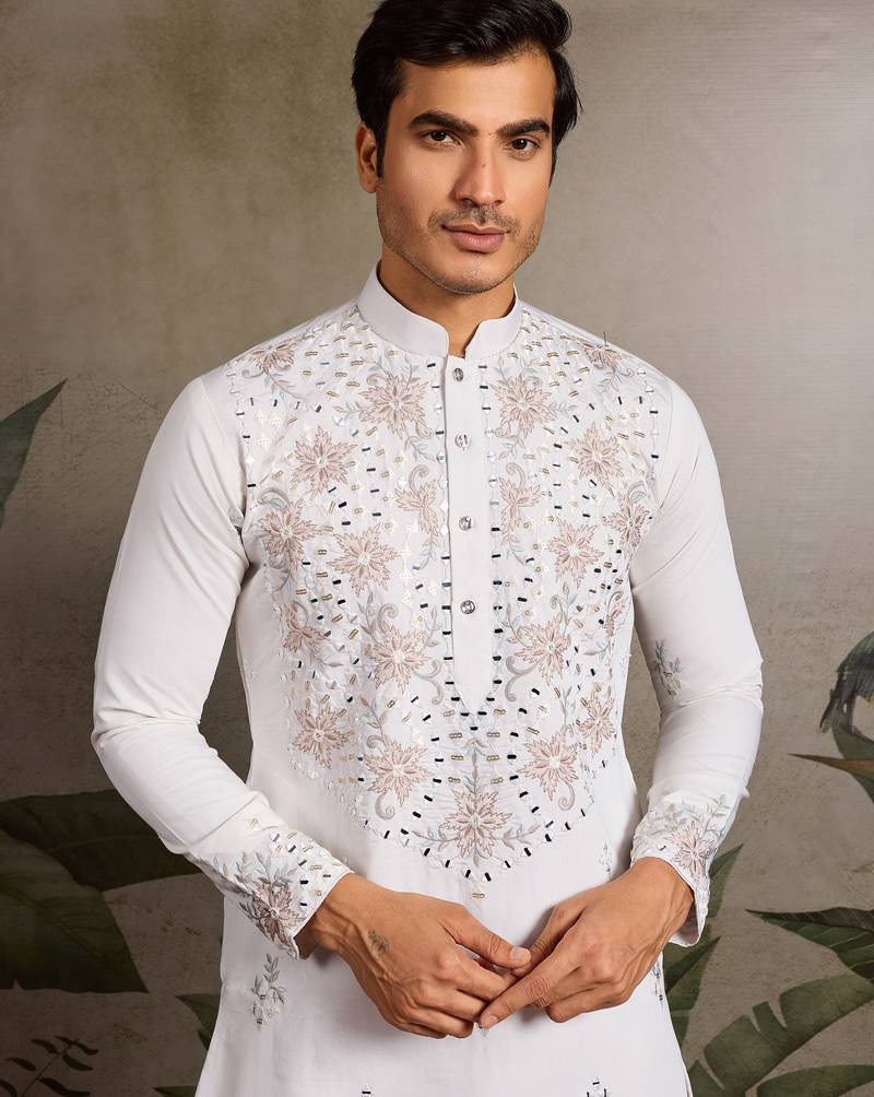 White viscose silk real mirror with thread & sequence embroidered work kurta only