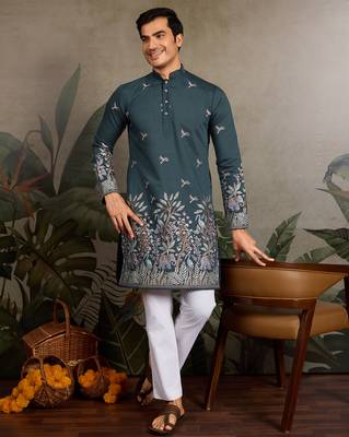Green viscose silk thread with sequence embroidered work kurta only 1