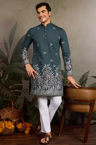 Green viscose silk thread with sequence embroidered work kurta only