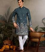 Green viscose silk thread with sequence embroidered work kurta only