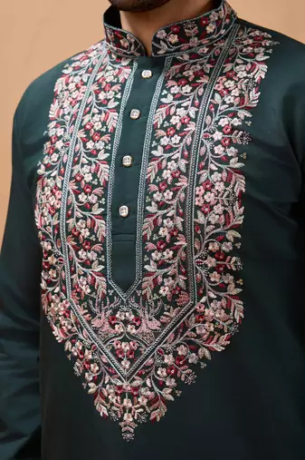 Green viscose silk thread with sequence embroidered work kurta with dupatta